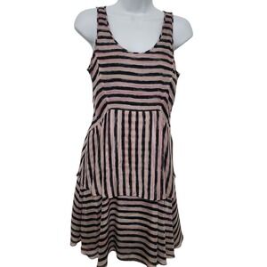 Theory Silk Dress Sleeveless Size 0 Tiered Striped Mini Pink Black Chic Party